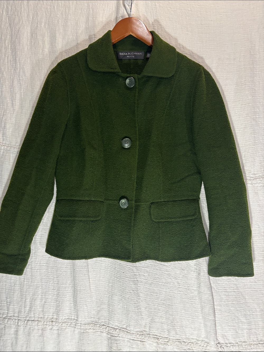 Dana Buchman Petite Olive Green Wool Blend Blazer Jacket 6P EUC Peter Pan Collar